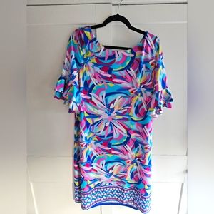  Pappagallo Double Ruffle Sleeve Shift Dress Floral Pink Blue Yellow size 2xl